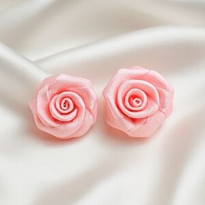 Pink Rose Fabric Stud Earrings – Satin Flower Design - 0.75"  Women's Jewelry